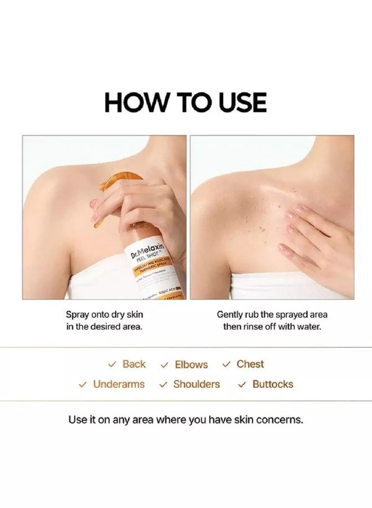 Dr. Melaxin Peel Shot Body and Foot Exfoliating Spray with Kojic Acid, Turmeric and Niacinamide 200ml – Daily Skin Refining Care for Dull, Rough-Looking Areas and a Softer, Smoother, More Radiant Appearance-3-3