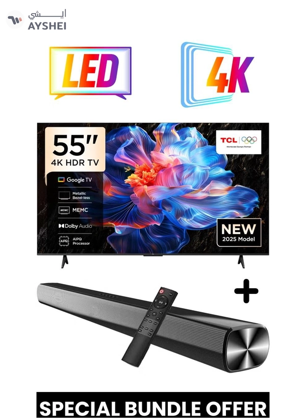 TCL 55-Inch P6K UHD LED 4K Smart TV + 2.0 Channel Premium Soundbar | [Google TV, AiPQ Processor, 60Hz, HDR10, MEMC, Metallic Bezel-less body] + [HDMI (ARC), USB, Bluetooth, FM Station, Aux] - (2025 Model) 55P6K+SOUNDBAR Black