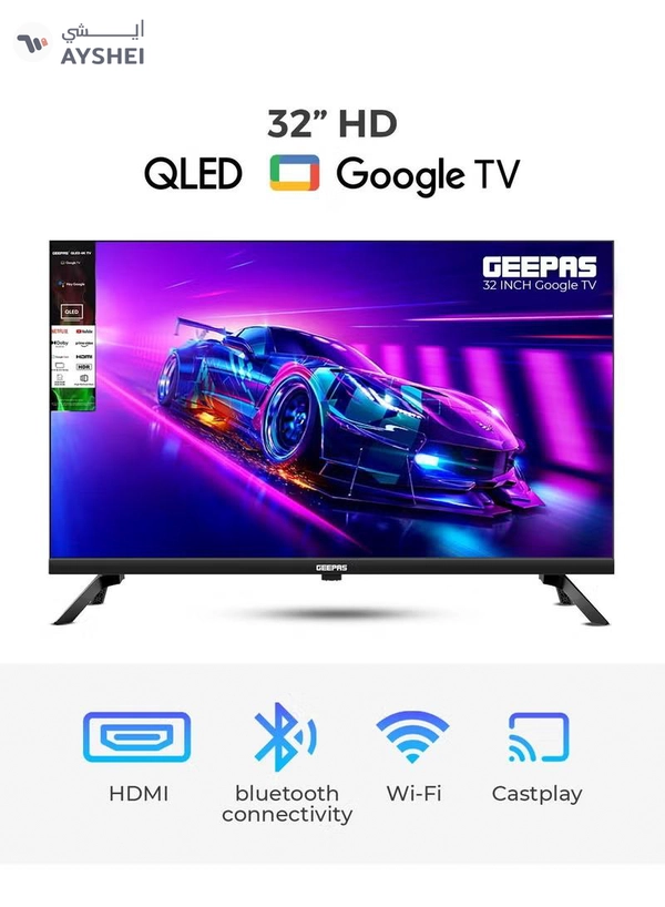 GEEPAS 32" HD QLED Google TV | Sharp Picture with Sleek Design, with Built-in Apps | Dolby Audio, HDMI & USB Connectivity | Voice Remote with Google Cast | GLED3215GTQLD