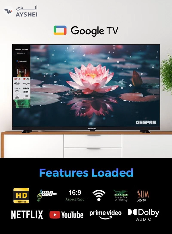 GEEPAS 32" HD QLED Google TV | Sharp Picture with Sleek Design, with Built-in Apps | Dolby Audio, HDMI & USB Connectivity | Voice Remote with Google Cast | GLED3215GTQLD