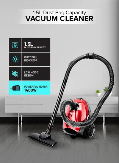 GEEPAS Preview Vacuum Cleaner With Powerful Suction, Low Noise Design, Dust Full Indicator, Flexible Hose With Air Flow On Handle, Plastic Insert Tube, Dustbag 1.5L, Pedal Switch And Auto Rewinding Wire 1.5 L 1400 W GVC2595 1.5 L 1400 W GVC2595 Red-0