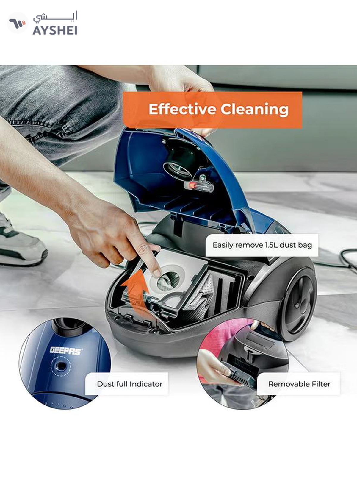 GEEPAS Preview Vacuum Cleaner With Powerful Suction, Low Noise Design, Dust Full Indicator, Flexible Hose With Air Flow On Handle, Plastic Insert Tube, Dustbag 1.5L, Pedal Switch And Auto Rewinding Wire 1.5 L 1400 W GVC2595 1.5 L 1400 W GVC2595 Red-4-4