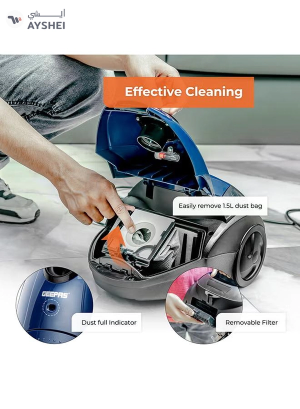 GEEPAS Preview Vacuum Cleaner With Powerful Suction, Low Noise Design, Dust Full Indicator, Flexible Hose With Air Flow On Handle, Plastic Insert Tube, Dustbag 1.5L, Pedal Switch And Auto Rewinding Wire 1.5 L 1400 W GVC2595 1.5 L 1400 W GVC2595 Red