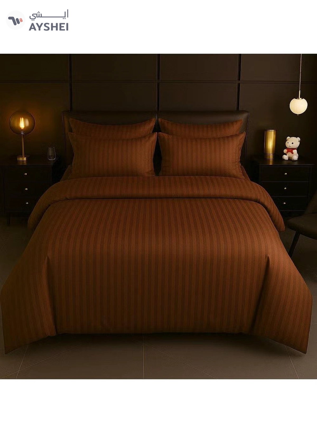 Eworld 4-Piece Luxury King Size Brown Striped Bedding Set-1-1