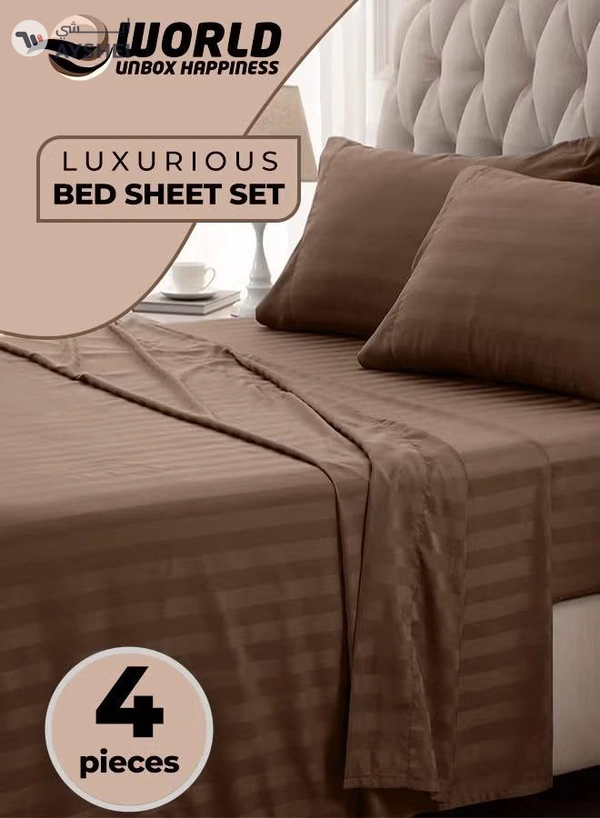 Eworld 4-Piece Luxury King Size Brown Striped Bedding Set