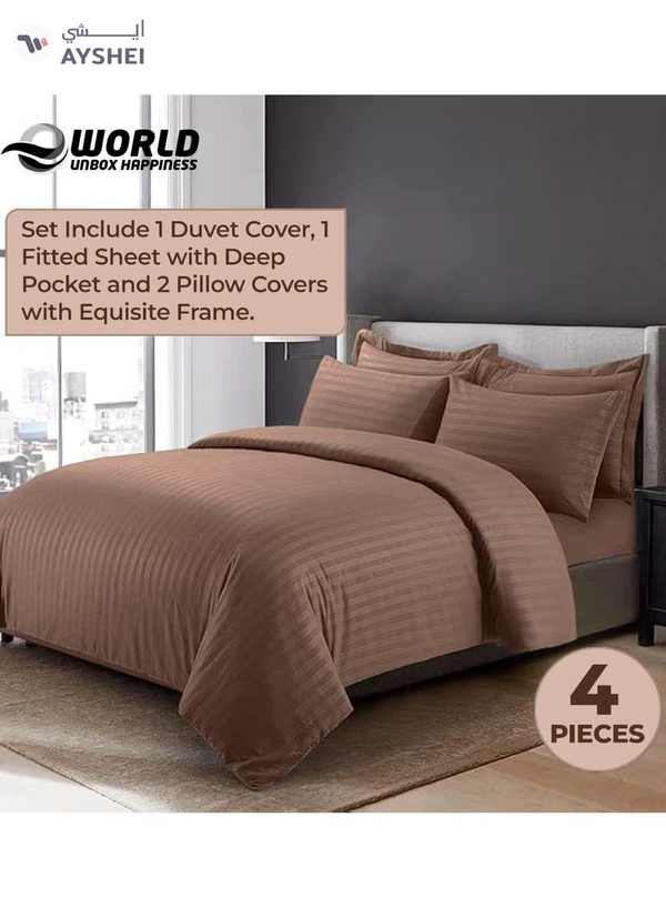 Eworld 4-Piece Luxury King Size Brown Striped Bedding Set