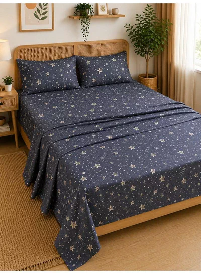 4-Piece Printed Cotton Bedsheet Set, Celestial Stars Pattern, 100% Cotton, 125 GSM, 1 Fitted Sheet + 1 Flat Sheet + 2 Pillowcases – Available in Single and King Sizes-0