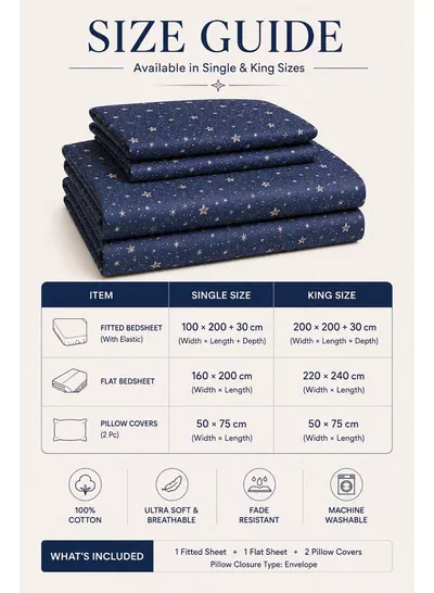 4-Piece Printed Cotton Bedsheet Set, Celestial Stars Pattern, 100% Cotton, 125 GSM, 1 Fitted Sheet + 1 Flat Sheet + 2 Pillowcases – Available in Single and King Sizes-1