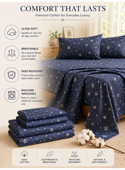 4-Piece Printed Cotton Bedsheet Set, Celestial Stars Pattern, 100% Cotton, 125 GSM, 1 Fitted Sheet + 1 Flat Sheet + 2 Pillowcases – Available in Single and King Sizes-2