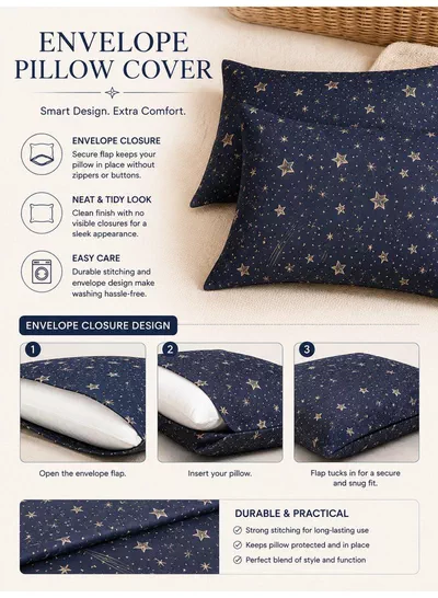 4-Piece Printed Cotton Bedsheet Set, Celestial Stars Pattern, 100% Cotton, 125 GSM, 1 Fitted Sheet + 1 Flat Sheet + 2 Pillowcases – Available in Single and King Sizes-3