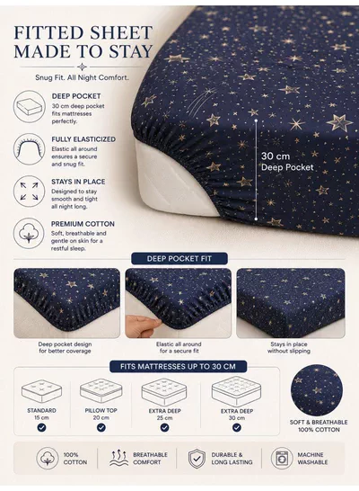 4-Piece Printed Cotton Bedsheet Set, Celestial Stars Pattern, 100% Cotton, 125 GSM, 1 Fitted Sheet + 1 Flat Sheet + 2 Pillowcases – Available in Single and King Sizes-4