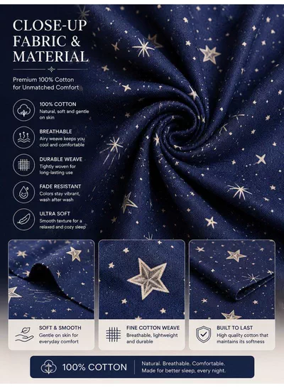 4-Piece Printed Cotton Bedsheet Set, Celestial Stars Pattern, 100% Cotton, 125 GSM, 1 Fitted Sheet + 1 Flat Sheet + 2 Pillowcases – Available in Single and King Sizes-5