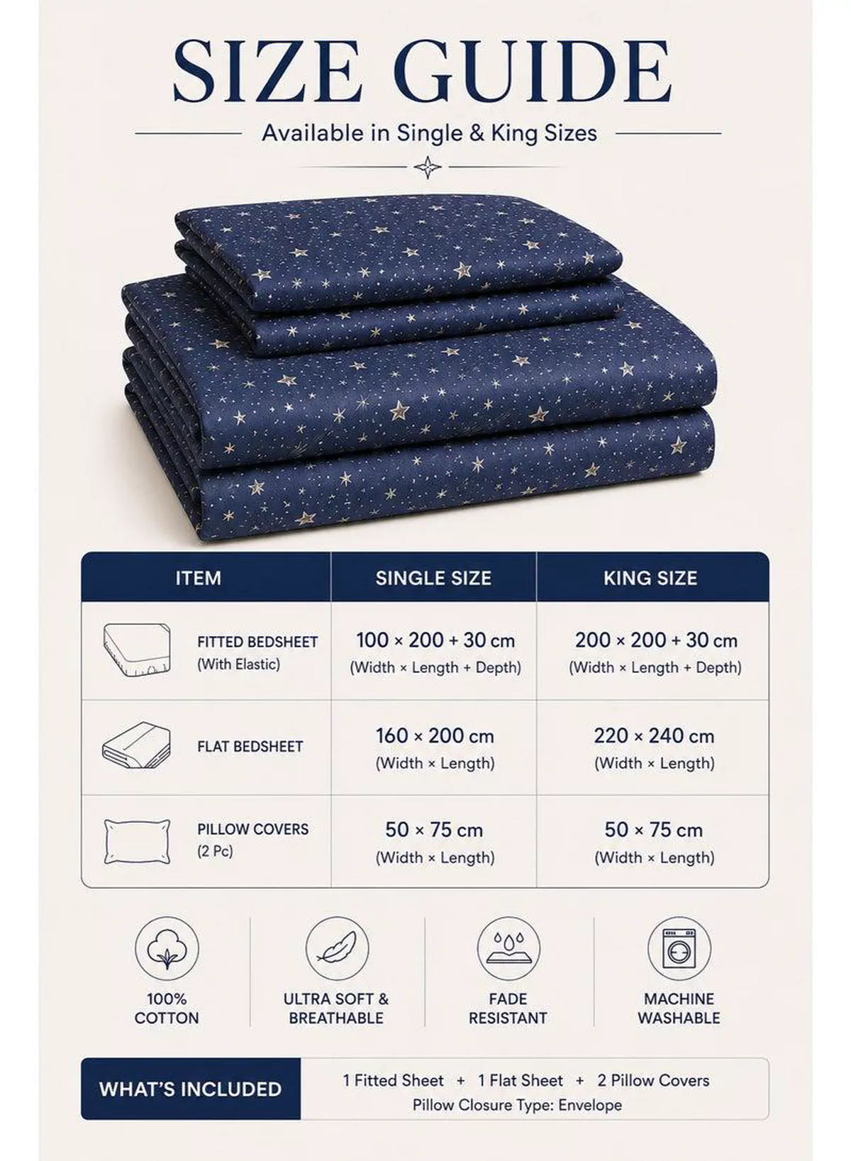 4-Piece Printed Cotton Bedsheet Set, Celestial Stars Pattern, 100% Cotton, 125 GSM, 1 Fitted Sheet + 1 Flat Sheet + 2 Pillowcases – Available in Single and King Sizes-1-1