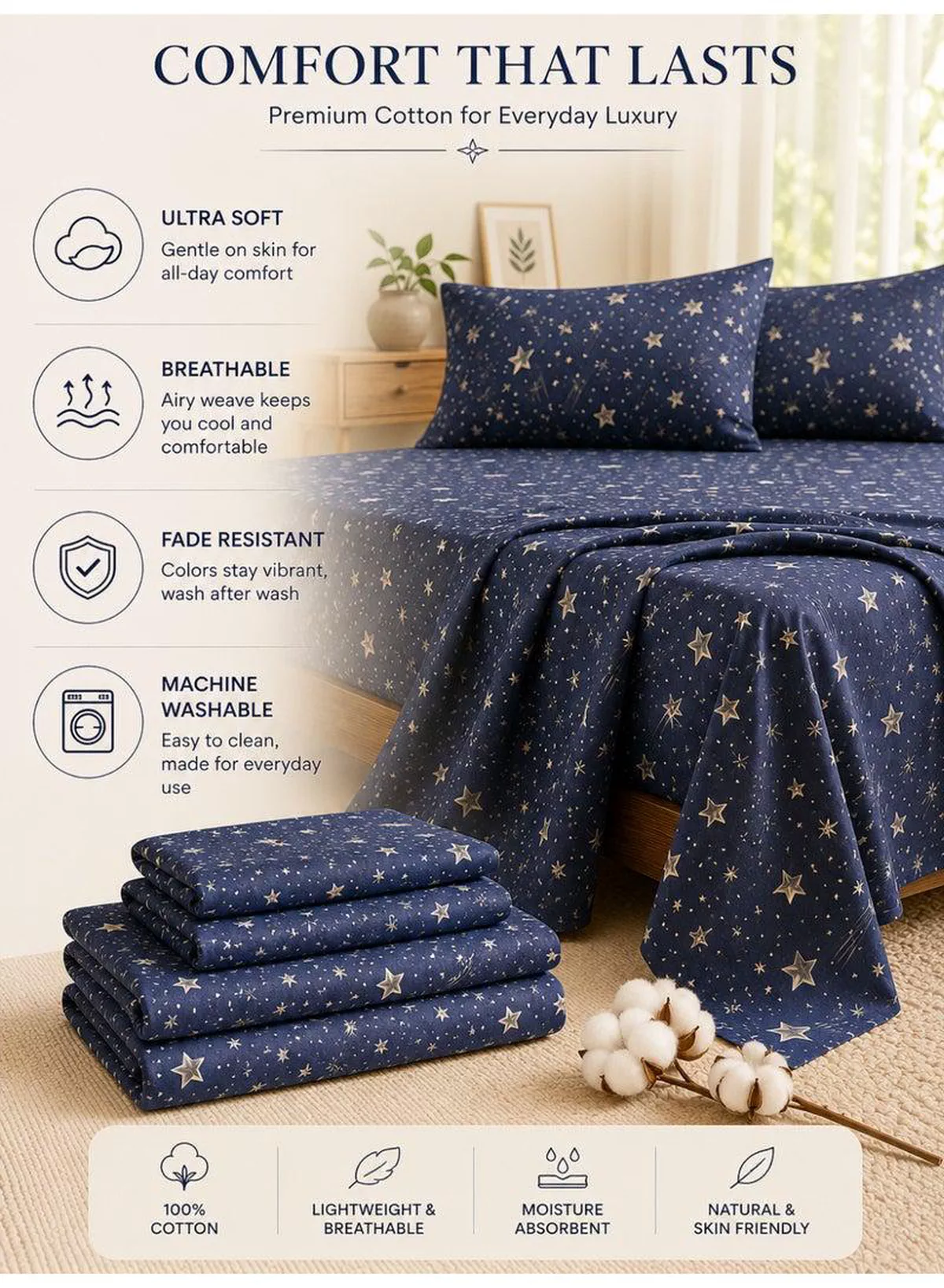 4-Piece Printed Cotton Bedsheet Set, Celestial Stars Pattern, 100% Cotton, 125 GSM, 1 Fitted Sheet + 1 Flat Sheet + 2 Pillowcases – Available in Single and King Sizes-2-2