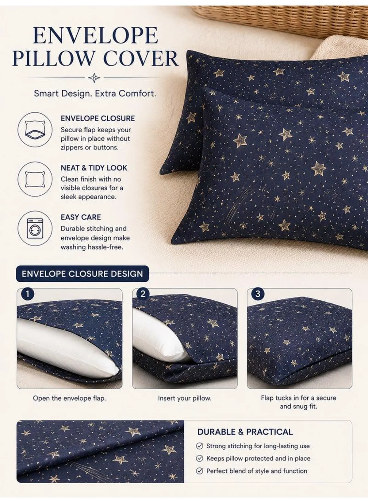 4-Piece Printed Cotton Bedsheet Set, Celestial Stars Pattern, 100% Cotton, 125 GSM, 1 Fitted Sheet + 1 Flat Sheet + 2 Pillowcases – Available in Single and King Sizes-3-3