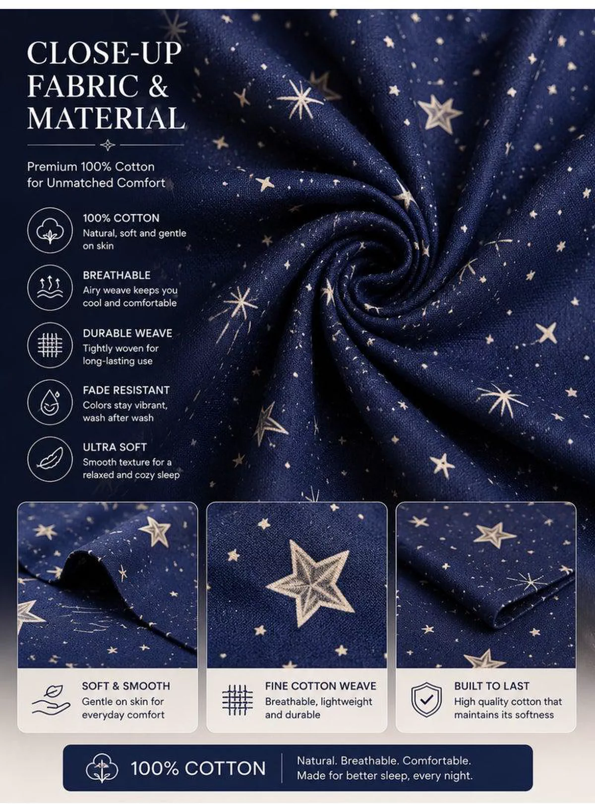 4-Piece Printed Cotton Bedsheet Set, Celestial Stars Pattern, 100% Cotton, 125 GSM, 1 Fitted Sheet + 1 Flat Sheet + 2 Pillowcases – Available in Single and King Sizes-5-5