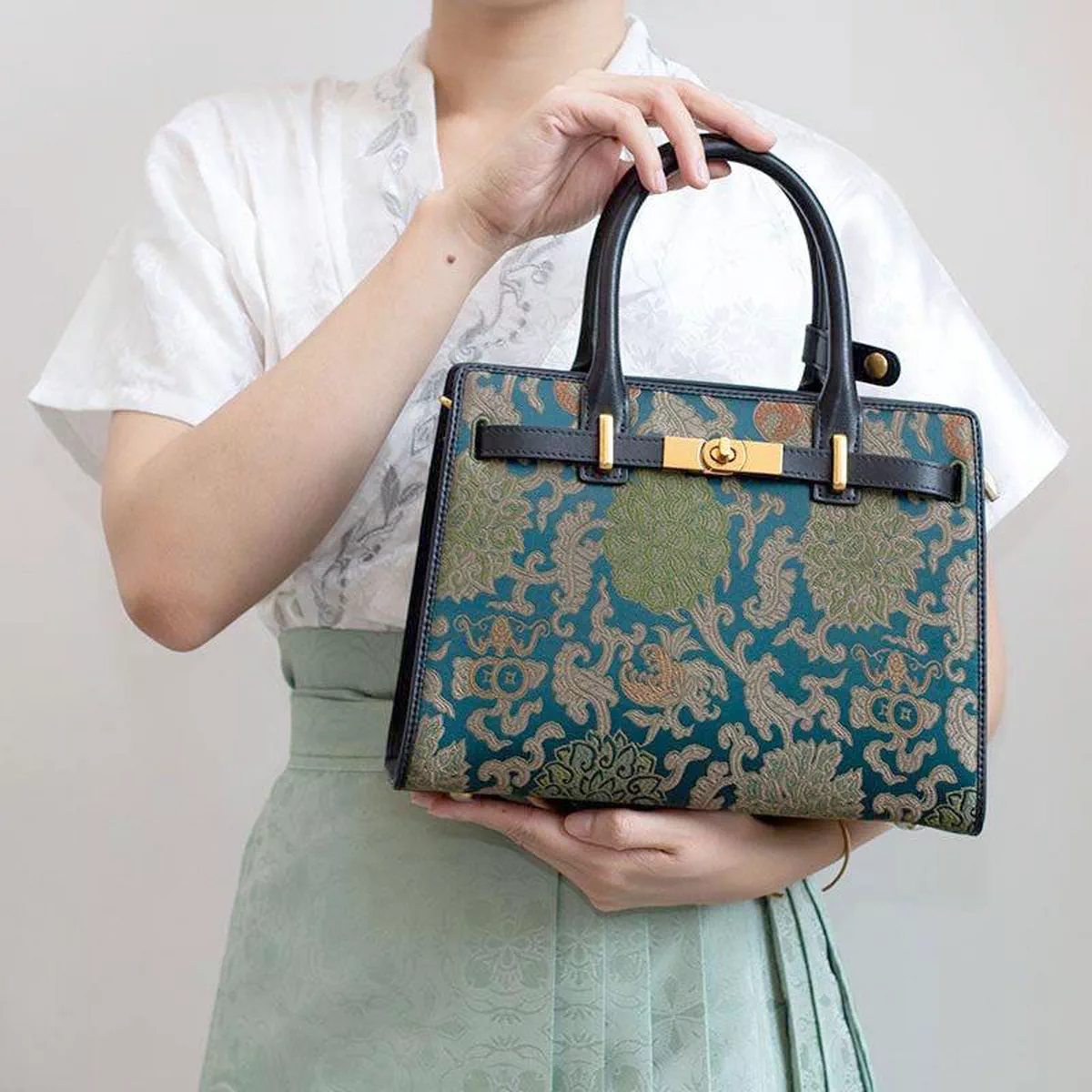 Silk Road - Handmade Song Brocade Chinoiserie Leather Kelly Bag-3-3