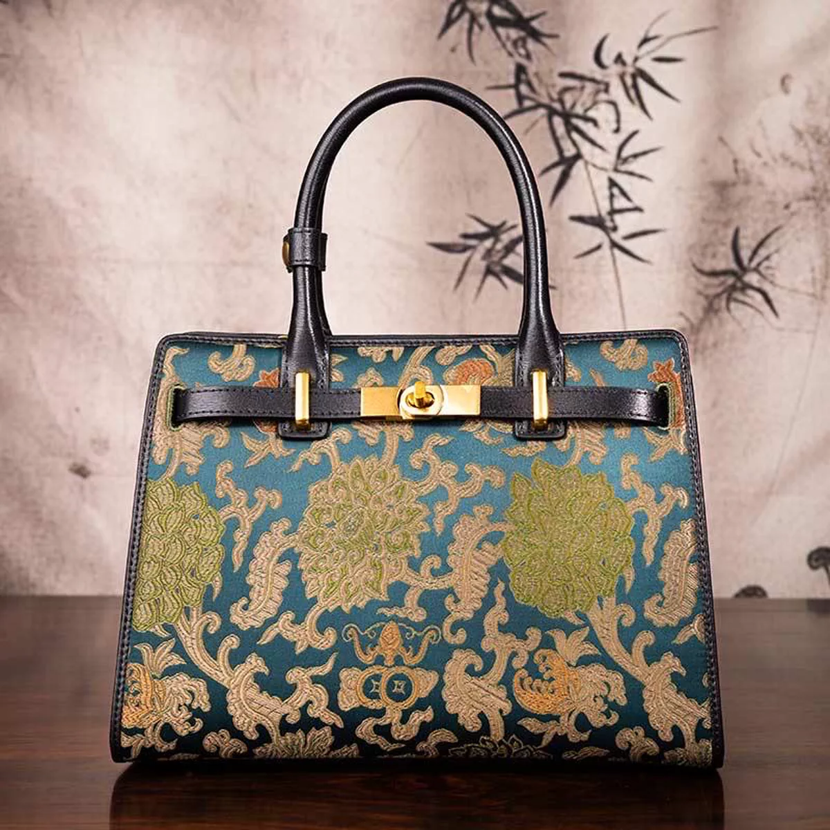 Silk Road - Handmade Song Brocade Chinoiserie Leather Kelly Bag-2-2