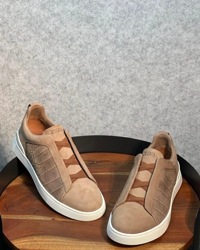 Zegna Men's Taupe Slip-On Sneakers with Crocodile Embossed Leather-0