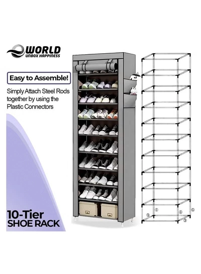Eworld 10 Tier Shoe Rack Canvas Storage Cabinet Rack with 27 Pairs Shoes Space Organizer-3