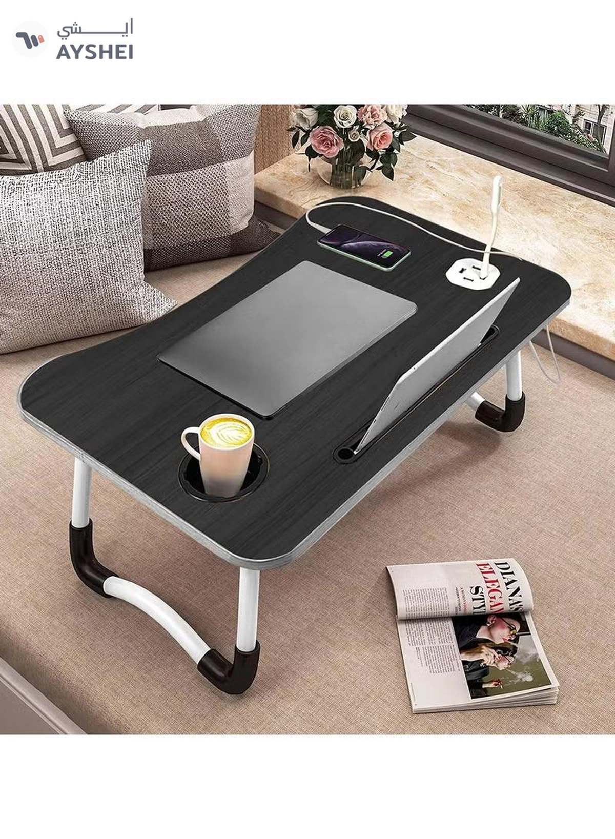 DubaiGallery Laptop Lap Desk, Foldable Laptop Tray with 4 USB Ports Storage Drawer and Cup Holder, Desk Stand for Bed Lap Tray Portable Standing Table for Bed Couch Floor-3-3