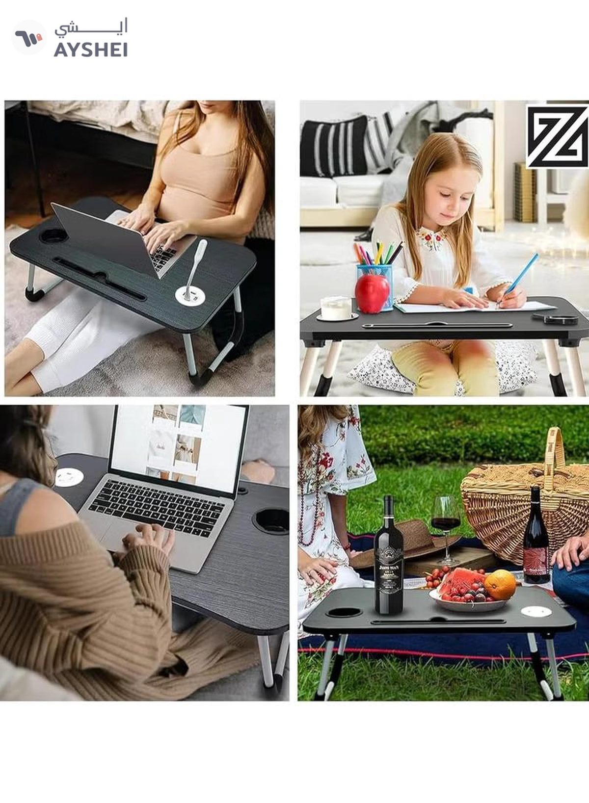 DubaiGallery Laptop Lap Desk, Foldable Laptop Tray with 4 USB Ports Storage Drawer and Cup Holder, Desk Stand for Bed Lap Tray Portable Standing Table for Bed Couch Floor-1-1