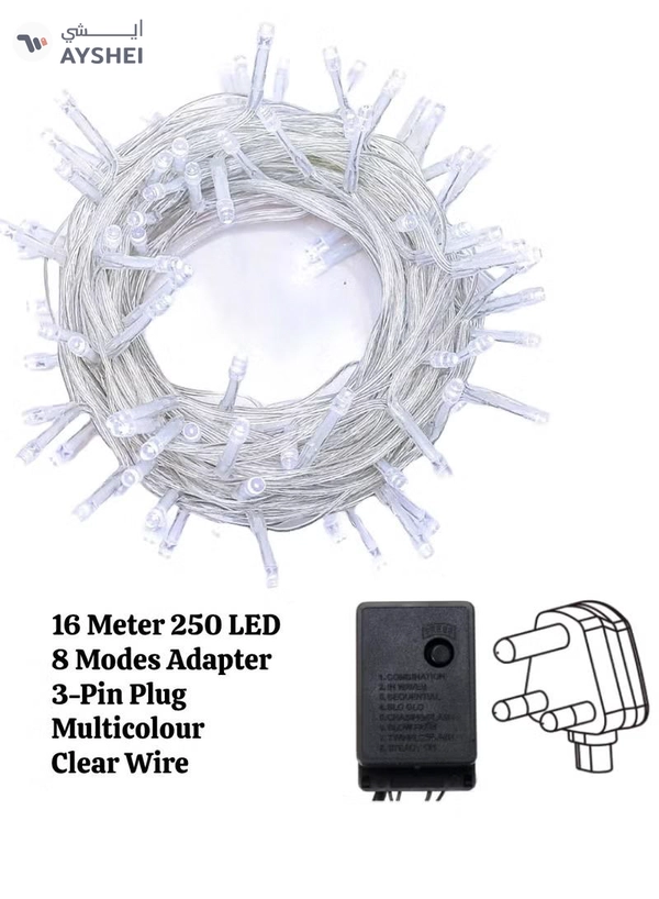 Yuwell 16 Meter 250 LED String Lights Decoration Lights RGB Light 8 Modes Led Light Clear Wire For Home Decorations Ramadan Lights Indoor & Outdoor Decoration Ramadan Decoration Light Diwali Lights Curtain Lights With 3-Pin UK Plug