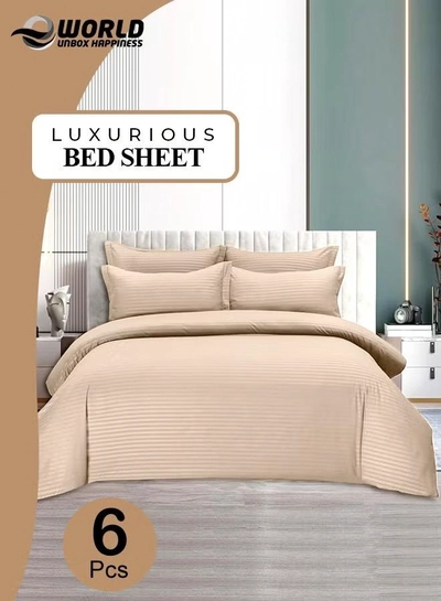 Eworld 6-Piece Premium King Size Bedding Set, Cream Striped Design-0