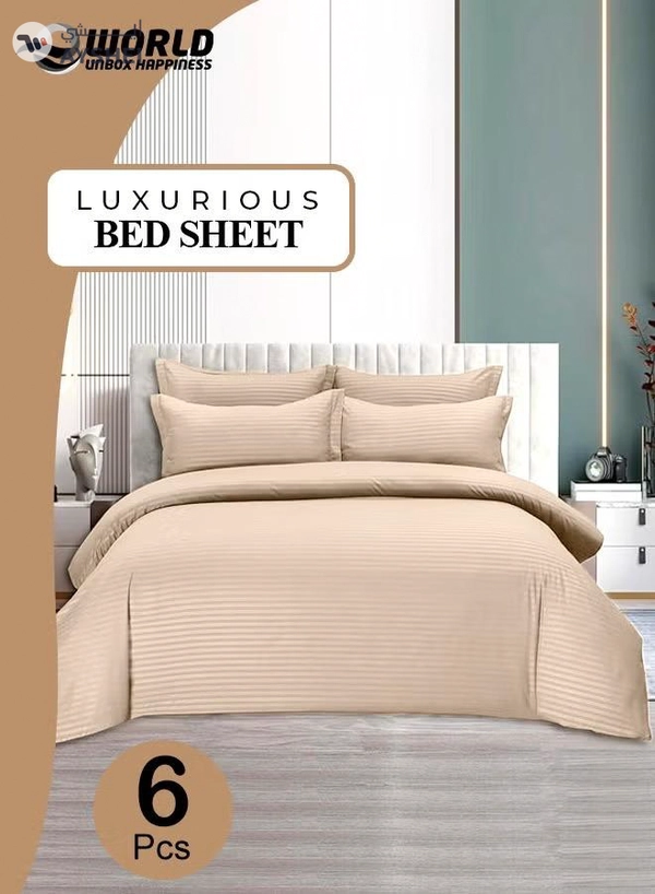 Eworld 6-Piece Premium King Size Bedding Set, Cream Striped Design