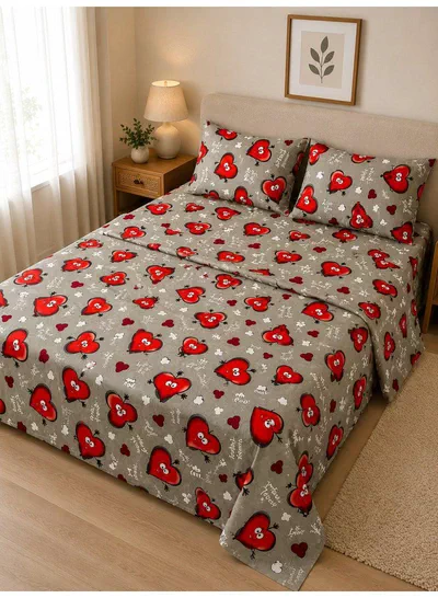 4-Piece Printed Cotton Bedsheet Set, Love Heart Emoji Print, 100% Cotton, 125 GSM, 1 Fitted Sheet + 1 Flat Sheet + 2 Pillowcases – Available in Single and King Sizes-0