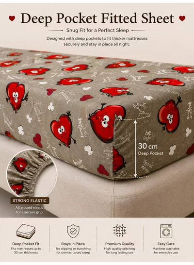 4-Piece Printed Cotton Bedsheet Set, Love Heart Emoji Print, 100% Cotton, 125 GSM, 1 Fitted Sheet + 1 Flat Sheet + 2 Pillowcases – Available in Single and King Sizes-2