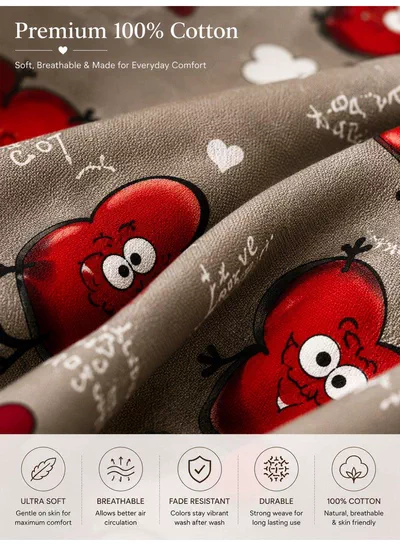 4-Piece Printed Cotton Bedsheet Set, Love Heart Emoji Print, 100% Cotton, 125 GSM, 1 Fitted Sheet + 1 Flat Sheet + 2 Pillowcases – Available in Single and King Sizes-3