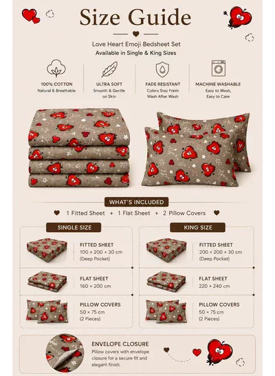 4-Piece Printed Cotton Bedsheet Set, Love Heart Emoji Print, 100% Cotton, 125 GSM, 1 Fitted Sheet + 1 Flat Sheet + 2 Pillowcases – Available in Single and King Sizes-4