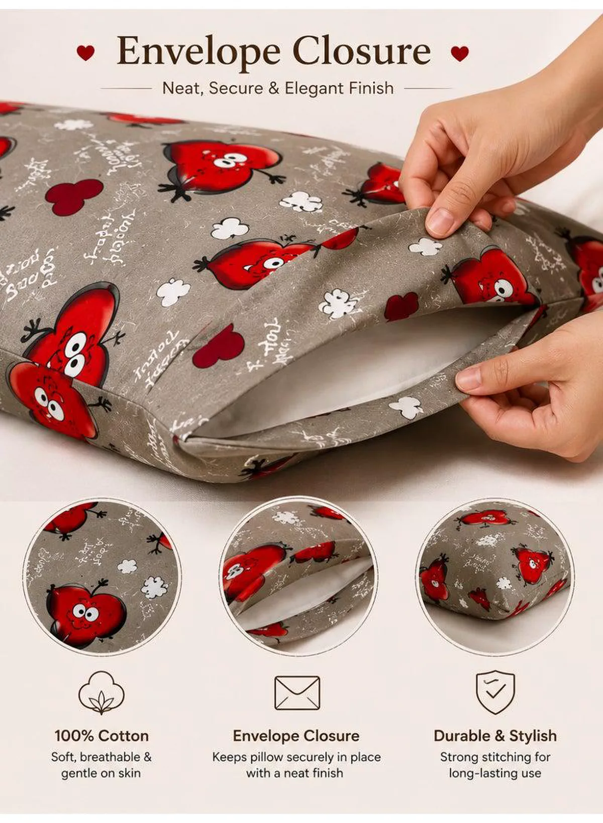 4-Piece Printed Cotton Bedsheet Set, Love Heart Emoji Print, 100% Cotton, 125 GSM, 1 Fitted Sheet + 1 Flat Sheet + 2 Pillowcases – Available in Single and King Sizes-1-1