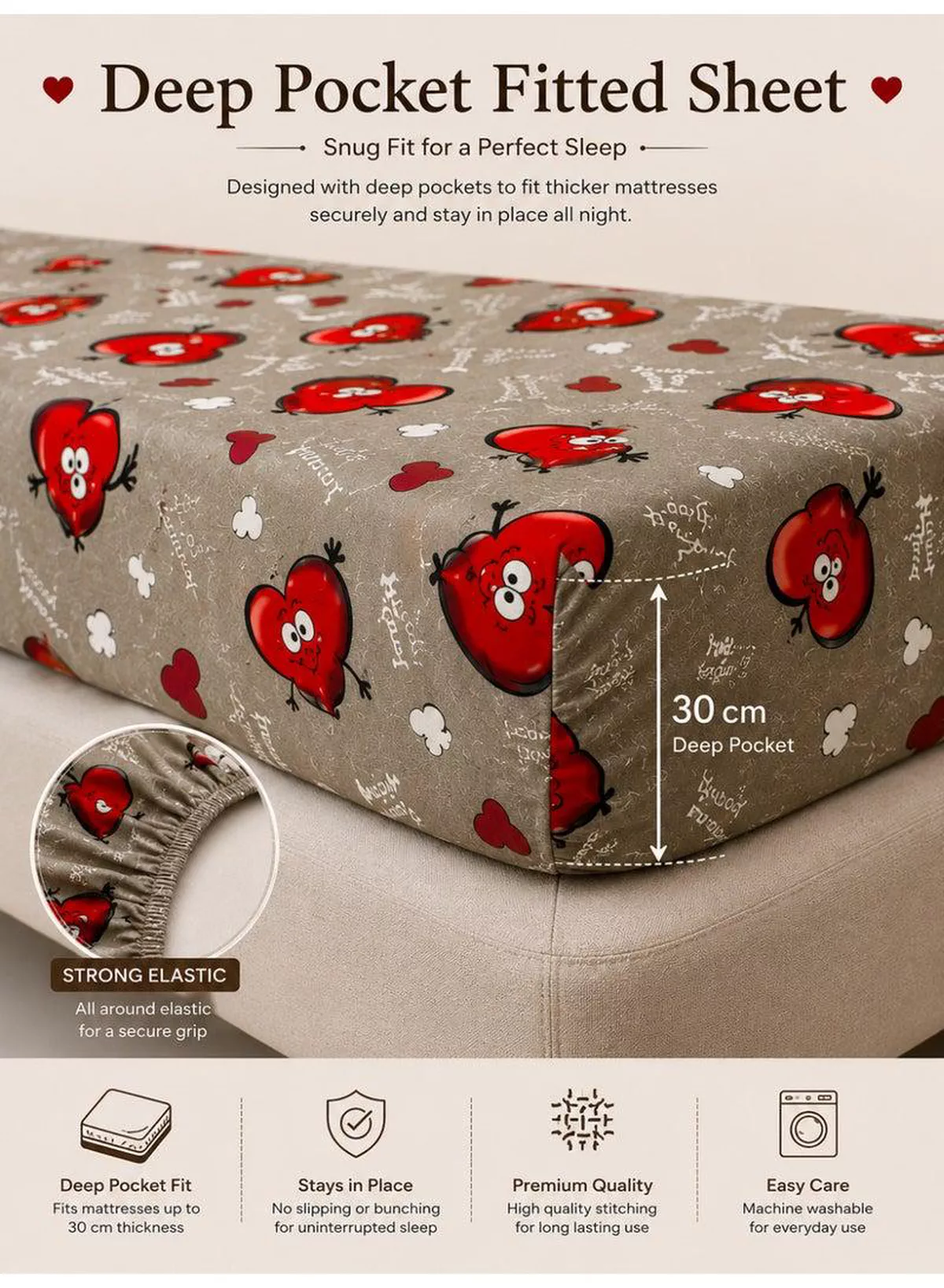 4-Piece Printed Cotton Bedsheet Set, Love Heart Emoji Print, 100% Cotton, 125 GSM, 1 Fitted Sheet + 1 Flat Sheet + 2 Pillowcases – Available in Single and King Sizes-2-2