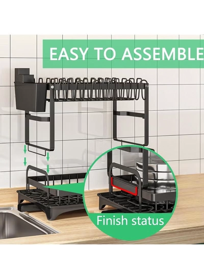 DubaiGallery Dish Drying Rack, Multifunctional Dish Rack, Rustproof Kitchen Dish Drying Rack with Drainboard, Space-Saving 2-Tier Dish Drying Rack with Utensil Holder & Cup Holder for Kitchen Counter,Black-1