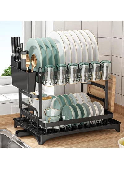 DubaiGallery Dish Drying Rack, Multifunctional Dish Rack, Rustproof Kitchen Dish Drying Rack with Drainboard, Space-Saving 2-Tier Dish Drying Rack with Utensil Holder & Cup Holder for Kitchen Counter,Black-0
