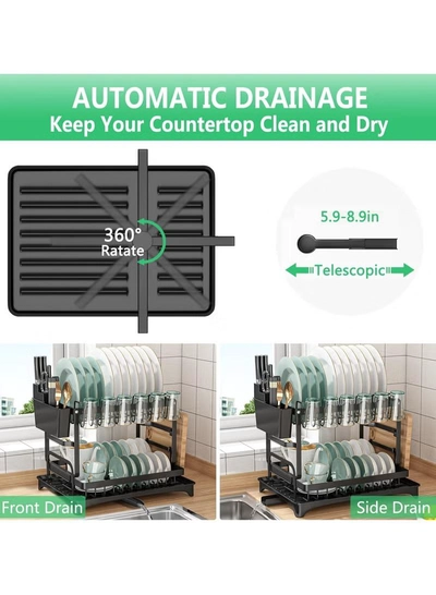 DubaiGallery Dish Drying Rack, Multifunctional Dish Rack, Rustproof Kitchen Dish Drying Rack with Drainboard, Space-Saving 2-Tier Dish Drying Rack with Utensil Holder & Cup Holder for Kitchen Counter,Black-2