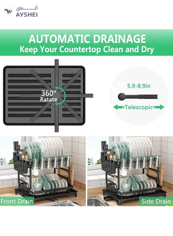 DubaiGallery Dish Drying Rack, Multifunctional Dish Rack, Rustproof Kitchen Dish Drying Rack with Drainboard, Space-Saving 2-Tier Dish Drying Rack with Utensil Holder & Cup Holder for Kitchen Counter,Black