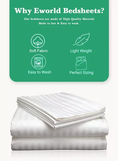 3pcs Fitted Bedsheet Set, 100x200cm, Deep Pocket (15–35cm), Striped Hotel Bed Sheet Set, White-3