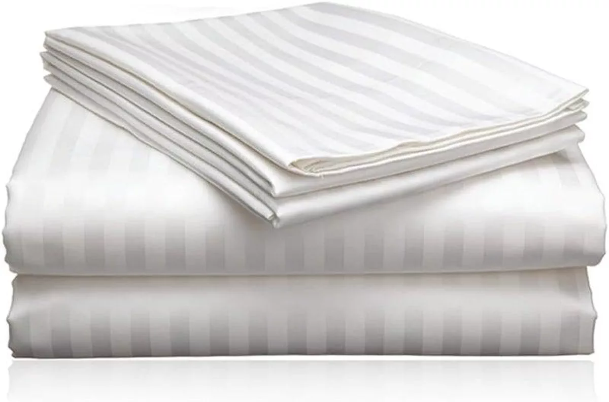 3pcs Fitted Bedsheet Set, 100x200cm, Deep Pocket (15–35cm), Striped Hotel Bed Sheet Set, White