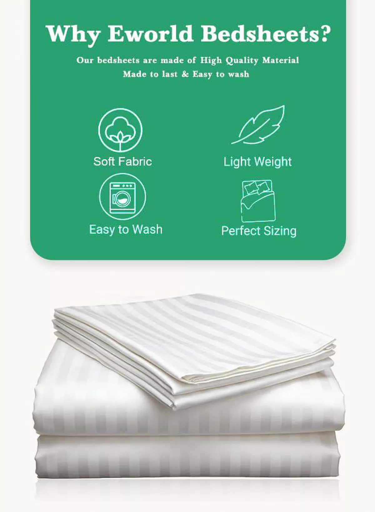 3pcs Fitted Bedsheet Set, 100x200cm, Deep Pocket (15–35cm), Striped Hotel Bed Sheet Set, White-3-3