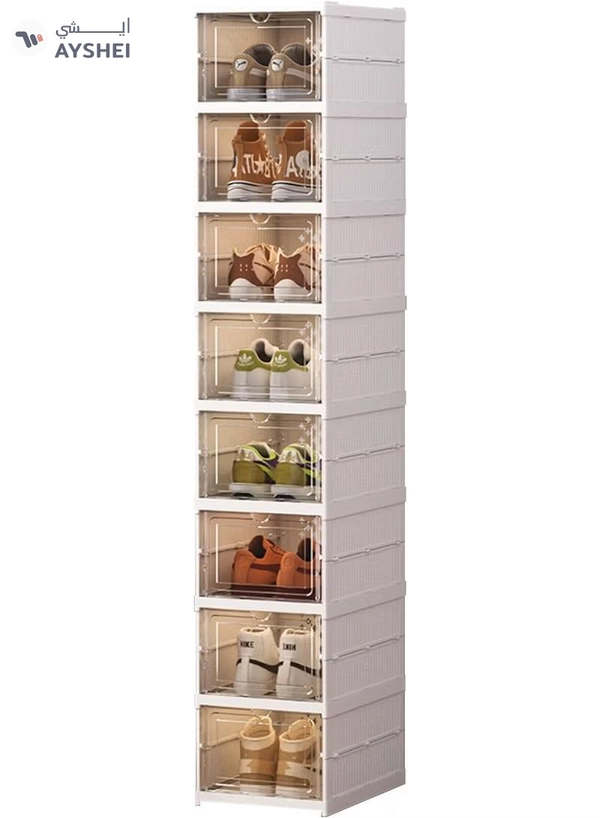DubaiGallery Large Capacity Shoe Box Storage Cabinet, 8 Tier Stackable Shoe Organizer, Clear Front Drawers, Strong Plastic Body, Space Saving Vertical Design for Home Shoe Organization