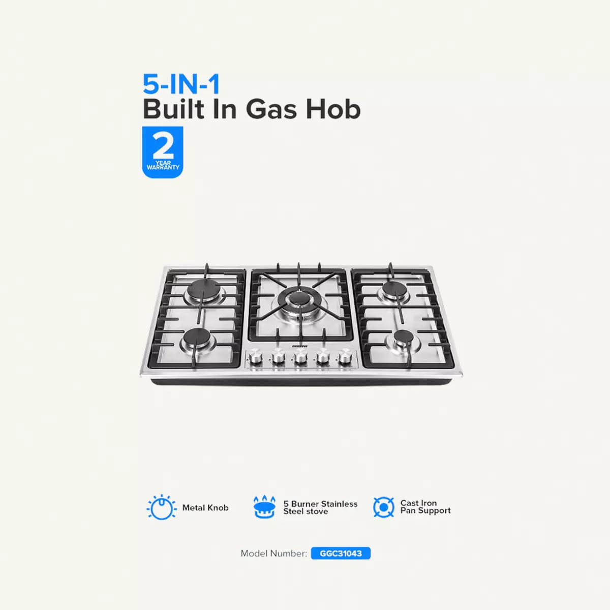 Geepas 5-In-1 Built In Gas Hob-| Five Burner Gas Stove with Separate Ignition