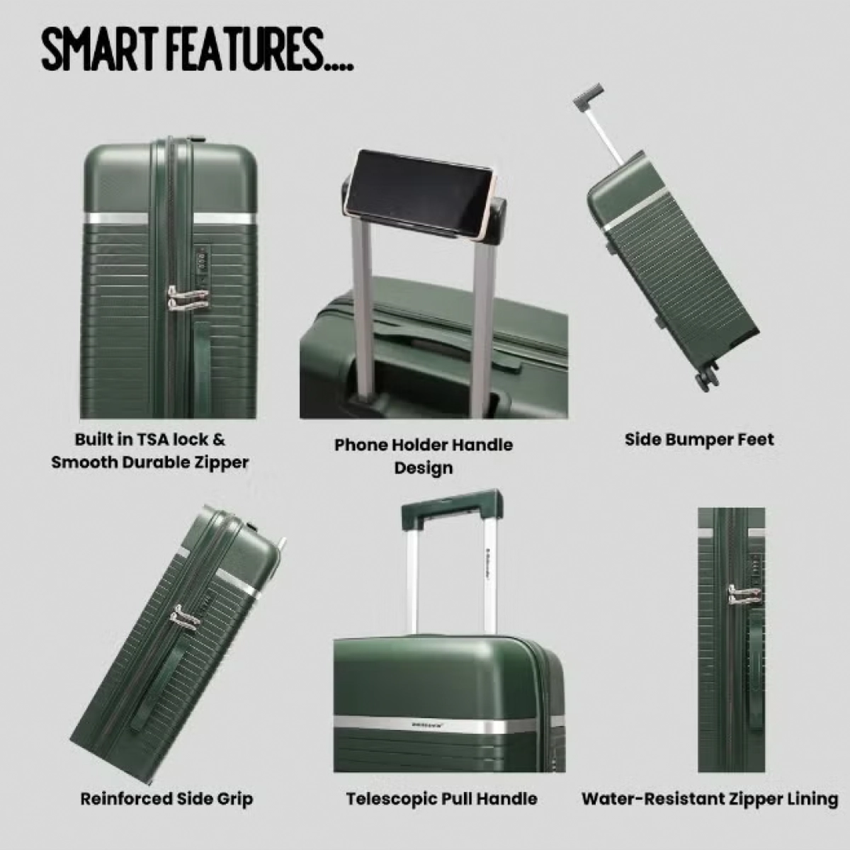 British Traveller 3-Piece Polypropylene Luggage Set | 20”, 24”, 28” Lightweight Suitcases with 360° Spinner Wheels, TSA Lock, Water & Scratch Resistant | Durable Hard Shell Trolley Bags with Telescopic Handle - Green-6-6