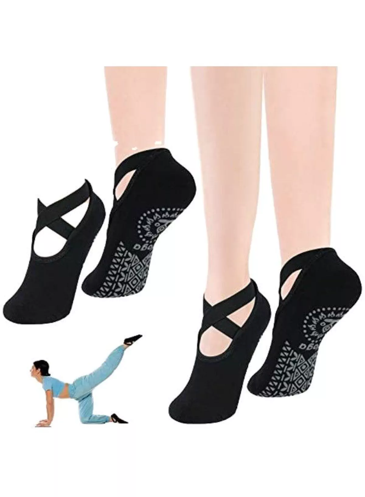 Women’s Non-Slip Pilates Socks with Cross Strap Design, Grip Bottom Yoga Socks, Breathable Cotton Ballet Socks, Low-Cut Ankle Socks for Yoga, Pilates, Barre, Dance, Gym, Fitness and Home Workouts-4-4