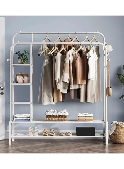 DubaiGallery Garment Rack, Double Rod Clothing Rack for Space Saving, Garment Rack with Bottom Shelf and Side 2 Shelves, Portable Closets for Hanging Clothes, 4 Hooks, Bedroom, Black-0
