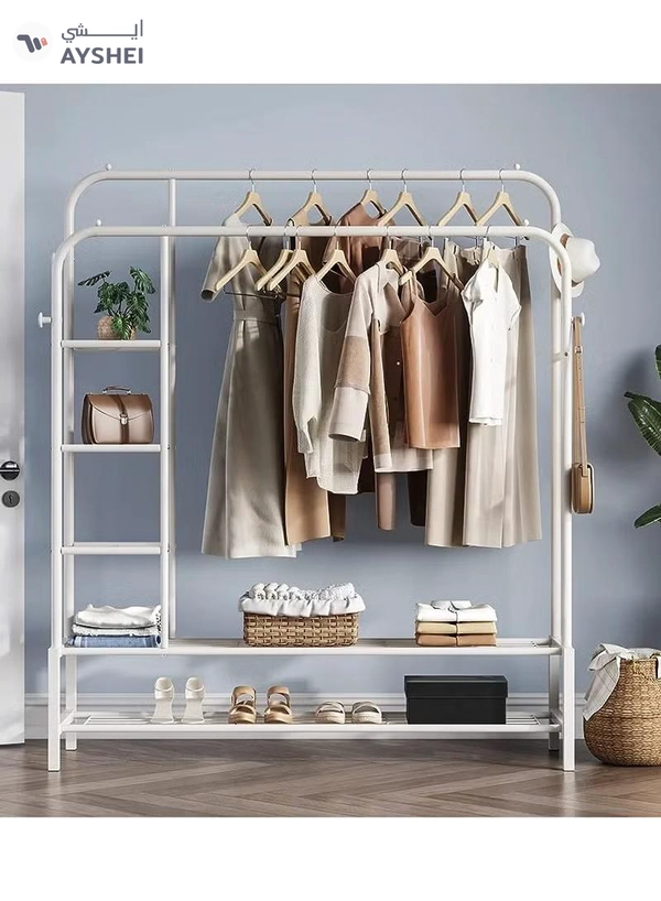 DubaiGallery Garment Rack, Double Rod Clothing Rack for Space Saving, Garment Rack with Bottom Shelf and Side 2 Shelves, Portable Closets for Hanging Clothes, 4 Hooks, Bedroom, Black