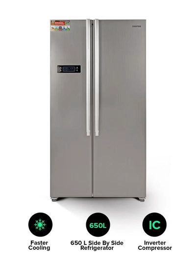 GEEPAS 650L Gross/521L Net Capacity No Frost Side By Side Refrigerator With Inverter Compressor, Tempered Glass Shelf, Twist Ice Maker, LED Lighting, Digital Control Temperature Display Freezer- 177L capacity GRFS6521SXHN Silver-1