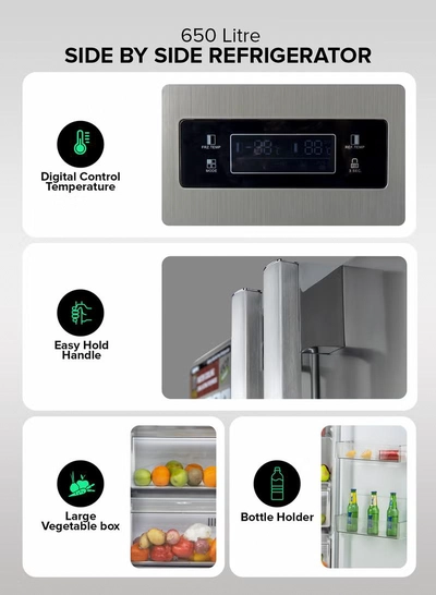 GEEPAS 650L Gross/521L Net Capacity No Frost Side By Side Refrigerator With Inverter Compressor, Tempered Glass Shelf, Twist Ice Maker, LED Lighting, Digital Control Temperature Display Freezer- 177L capacity GRFS6521SXHN Silver-5